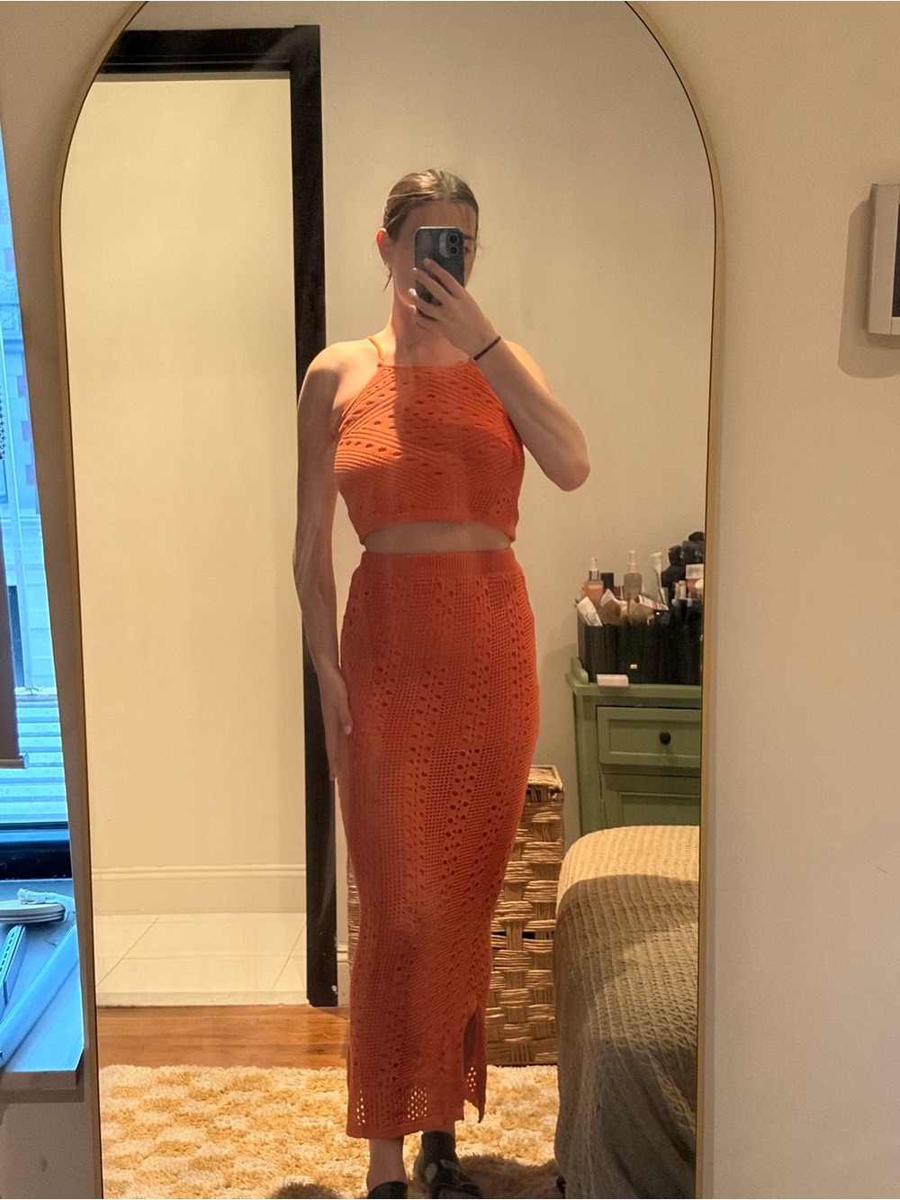 Olive & Oak Orange Crochet Two-Piece Midi Skirt Set